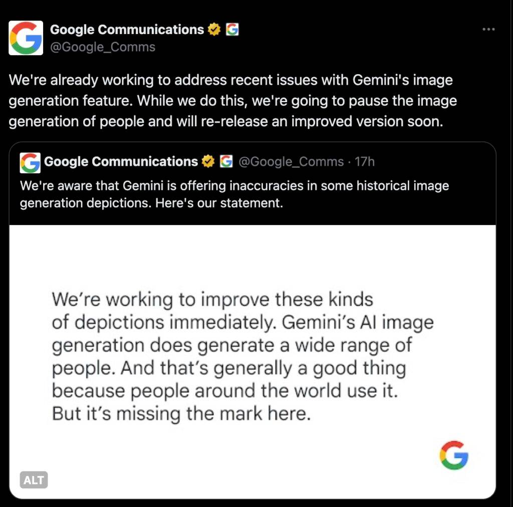 google 暂停 gemini 的「人物图像」生成服务