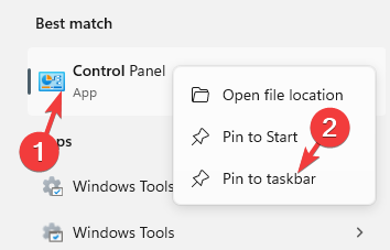 best-match-control-panel-right-click-pin-to-taskbar